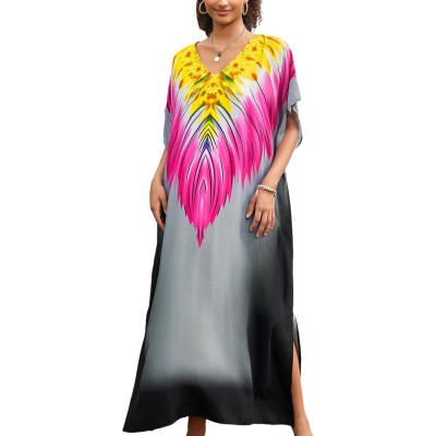Women's Plus Size Fuchsia Floral Kaftan Dress Swim Cover Up