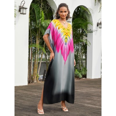 Women's Plus Size Fuchsia Floral Kaftan Dress Swim Cover Up