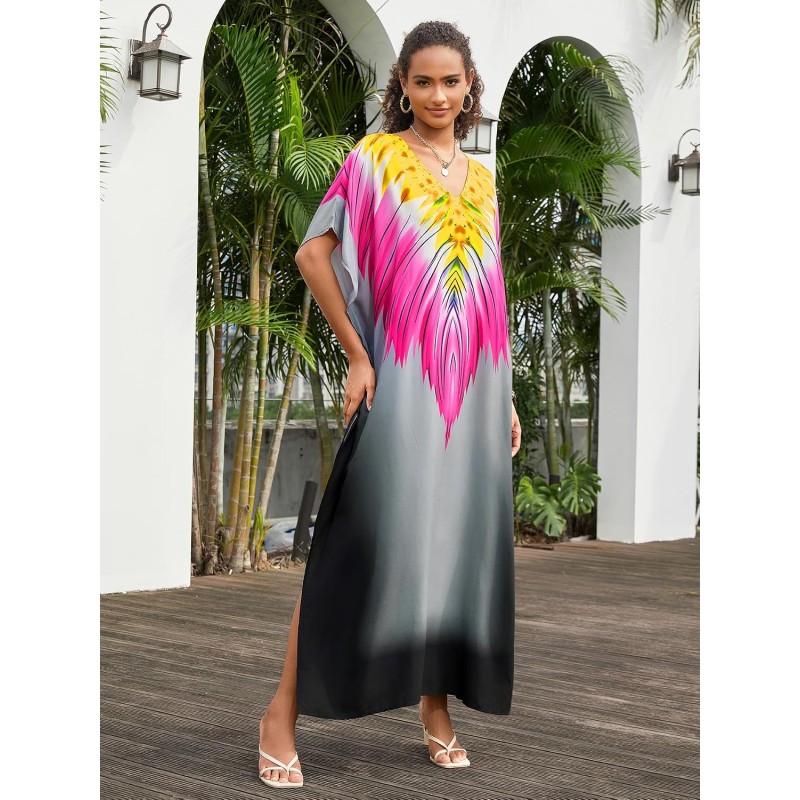Women's Plus Size Fuchsia Floral Kaftan Dress Swim Cover Up