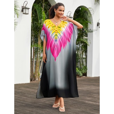 Women's Plus Size Fuchsia Floral Kaftan Dress Swim Cover Up