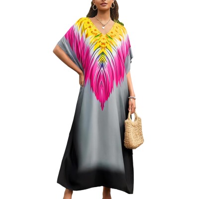 Women's Plus Size Fuchsia Floral Kaftan Dress Swim Cover Up