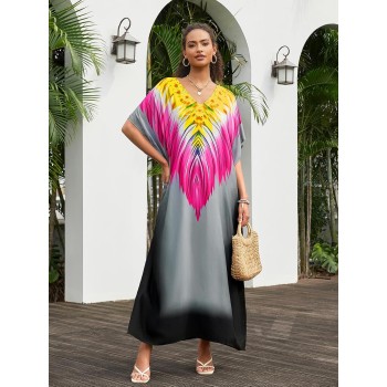 Women’s Plus Size Fuchsia Floral Kaftan Dress Swim Cover Up Loose Fit Holiday Casual Women’s Plus Size Fuchsia Floral Kaftan Dress Swim Cover Up Loose Fit Holiday Casual