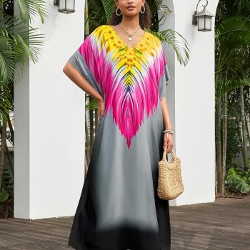 Women’s Plus Size Fuchsia Floral Kaftan Dress Swim Cover Up Loose Fit Holiday Casual