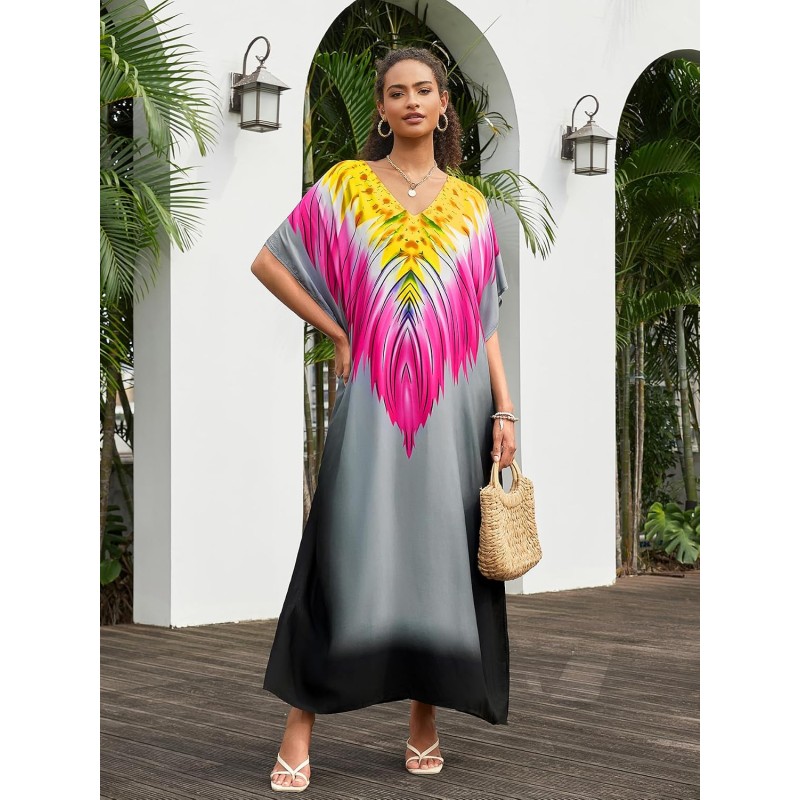 Women's Plus Size Fuchsia Floral Kaftan Dress Swim Cover Up