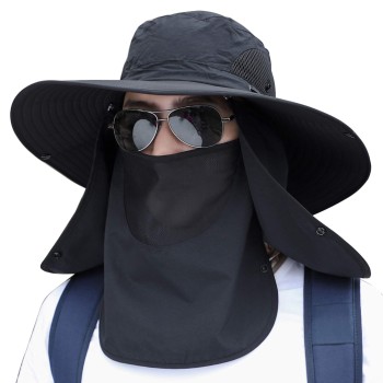 Unisex Sun Hat Face Neck Coverage Adjustable One Size Black for Hiking Fishing Work Garden Sports