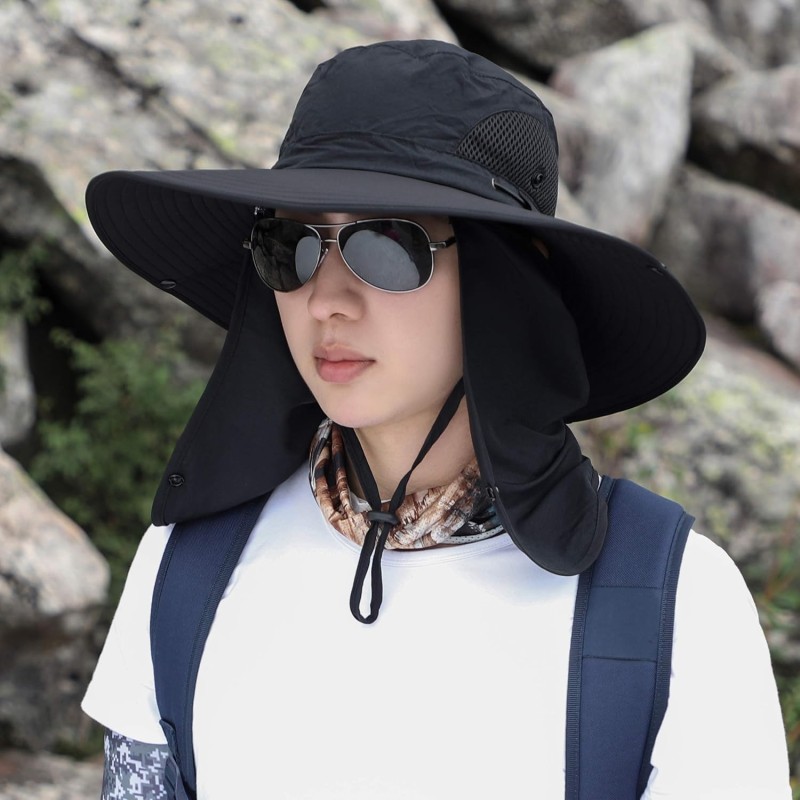 Unisex Adjustable Black Sun Hat for Hiking Fishing Unisex black sun hat with face and neck coverage for outdoor use