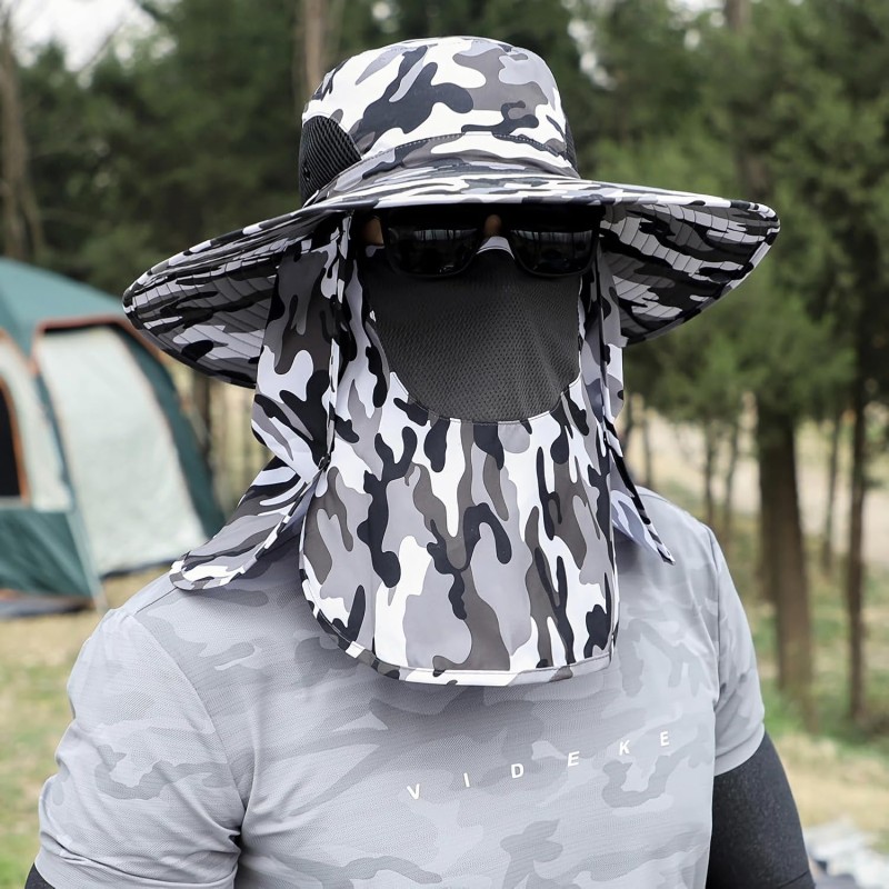 Adjustable lightweight sun hat in camouflage gray with face and neck coverage for unisex outdoor use