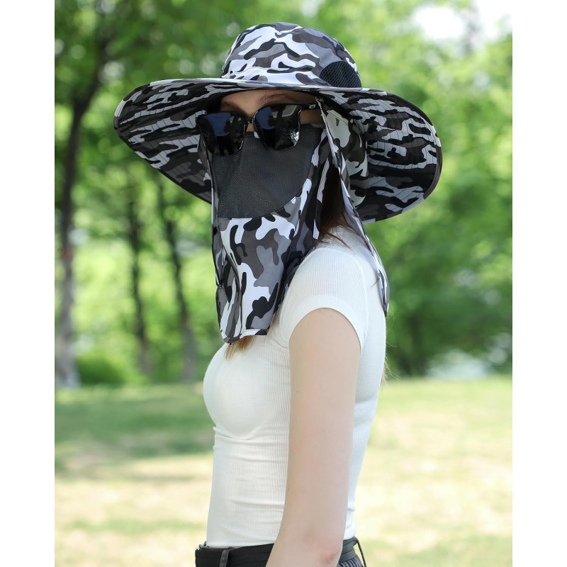 Adjustable lightweight sun hat in camouflage gray with face and neck coverage for unisex outdoor use