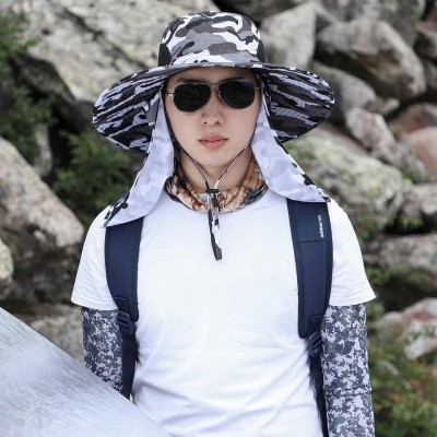 Camouflage Gray Sun Hat with Neck Flap and Face Coverage Adjustable lightweight sun hat in camouflage gray with face and neck coverage for unisex outdoor use