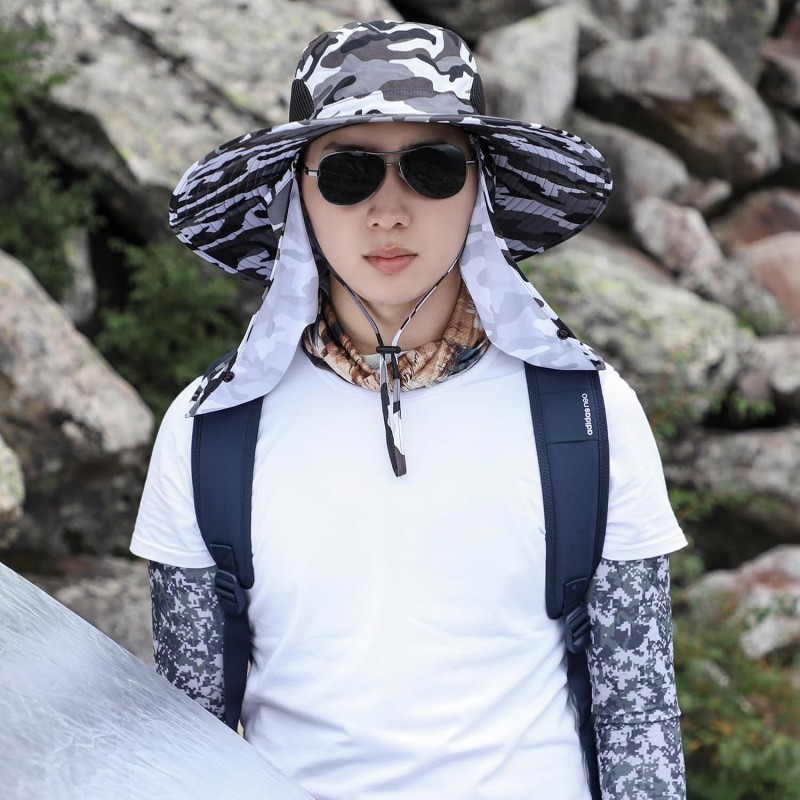 Adjustable lightweight sun hat in camouflage gray with face and neck coverage for unisex outdoor use