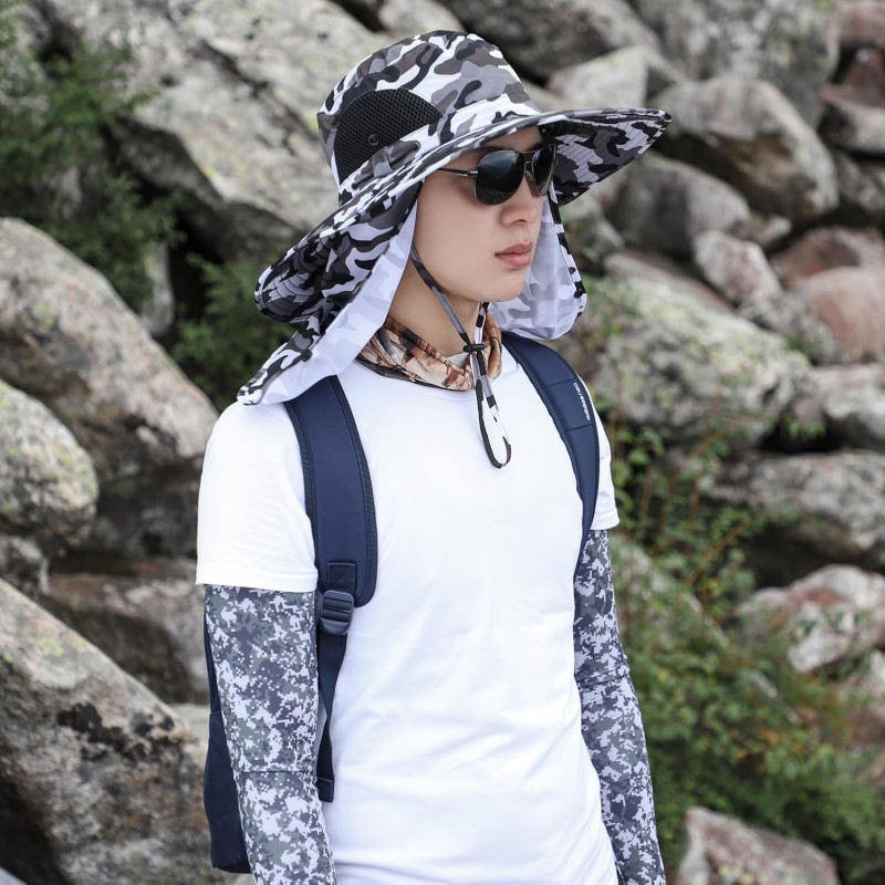 Camouflage Gray Sun Hat with Neck Flap and Face Coverage Adjustable lightweight sun hat in camouflage gray with face and neck coverage for unisex outdoor use
