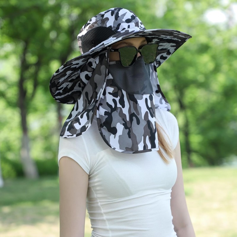 Camouflage Gray Sun Hat with Neck Flap and Face Coverage Adjustable lightweight sun hat in camouflage gray with face and neck coverage for unisex outdoor use