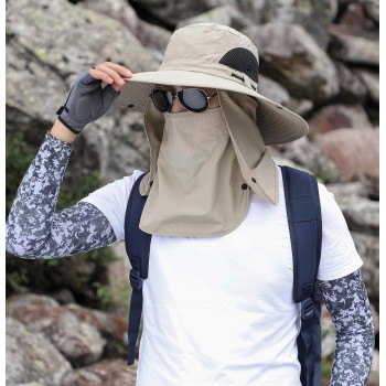 Unisex Sun Hat 360 Protection Removable Face Neck Flap Adjustable One Size Breathable Beige for Hiking Fishing Garden Work