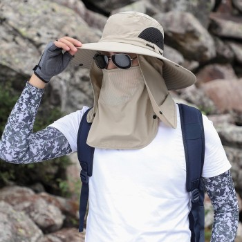 Unisex Sun Hat 360 Protection Removable Face Neck Flap Adjustable One Size Breathable Beige for Hiking Fishing Garden Work