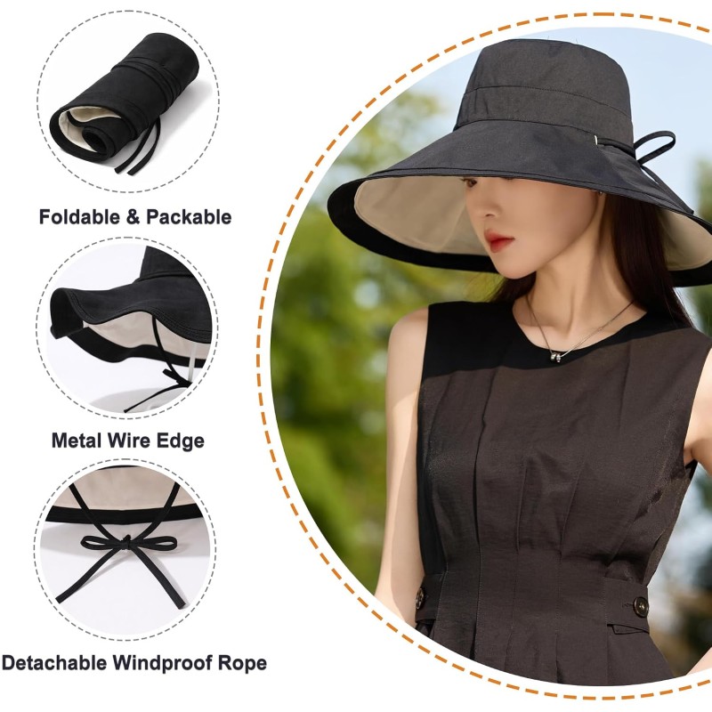Women's Reversible Wide Brim Bucket Sun Hat UPF 50+ Women's reversible wide brim bucket sun hat UPF 50+ black beige for beach gardening