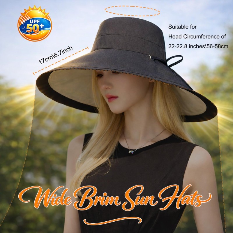 Women's Reversible Wide Brim Bucket Sun Hat UPF 50+ Women's reversible wide brim bucket sun hat UPF 50+ black beige for beach gardening