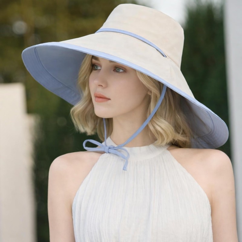 Reversible UPF50+ Wide Brim Sun Hat Blue Beige Women's Reversible UPF50+ Wide Brim Sun Hat Blue Beige for Beach and Gardening