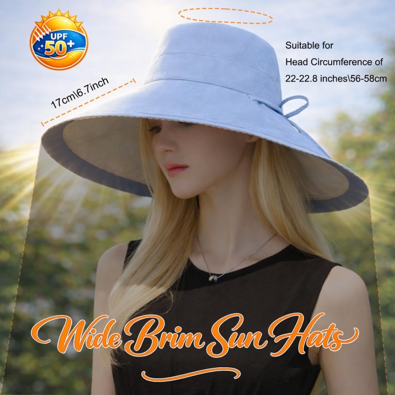 Reversible UPF50+ Wide Brim Sun Hat Blue Beige Women's Reversible UPF50+ Wide Brim Sun Hat Blue Beige for Beach and Gardening