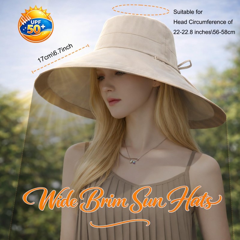 Women's Reversible Wide Brim Sun Hat UPF 50+ Khaki Beige Women's khaki beige reversible wide brim sun hat with UPF 50+ protection