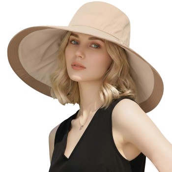 Women's Reversible Wide Brim Sun Hat UPF 50+ Wired Edge Foldable Beach Gardening Summer Hat Khaki Beige