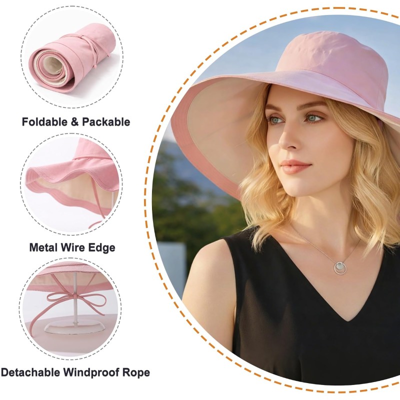 Reversible UPF 50+ Wide Brim Sun Hat Pink Beige Women's reversible wide brim sun hat UPF 50+ pink beige for beach and gardening