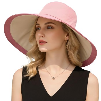 Women's Reversible Wide Brim Sun Hat UPF 50+ Wired Edge Beach Gardening Hat Pink Beige