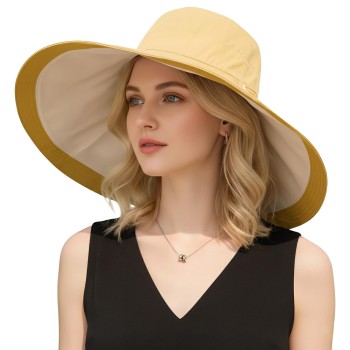 Women's Wide Brim Reversible Sun Hat UPF50+ Wired Edge Beach Gardening Summer Hat Yellow Beige