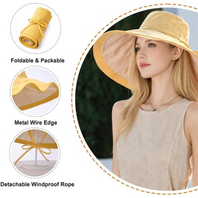 Reversible UPF50+ Wide Brim Sun Hat for Women - Beach & Gardening Women's Yellow Beige Reversible Wide Brim UPF50+ Sun Hat with Wired Edge for Beach and Gardening
