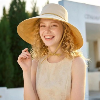 Women's Wide Brim Reversible Sun Hat UPF50+ Wired Edge Beach Gardening Summer Hat Yellow Beige Women's Wide Brim Reversible Sun Hat UPF50+ Wired Edge Beach Gardening Summer Hat Yellow Beige