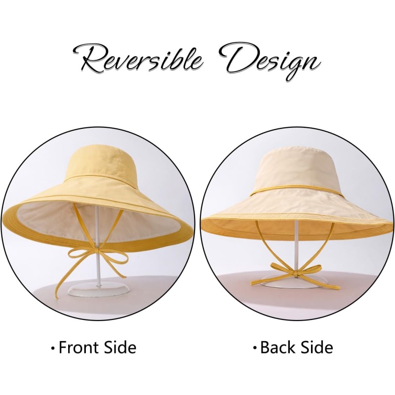Reversible UPF50+ Wide Brim Sun Hat for Women - Beach & Gardening Women's Yellow Beige Reversible Wide Brim UPF50+ Sun Hat with Wired Edge for Beach and Gardening