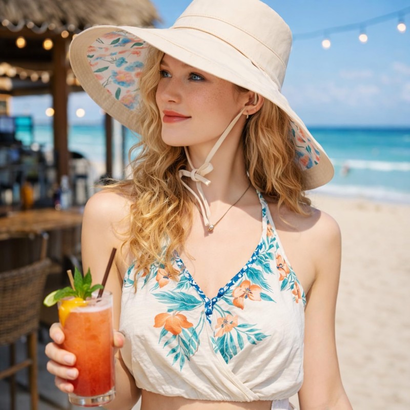 Women's Reversible Wide Brim Sun Hat - Beige - UPF 50+ Women's Reversible Wide Brim Sun Hat Beige UPF 50+