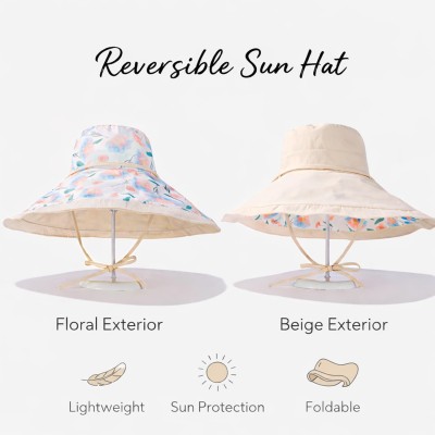 Women's Reversible Wide Brim Sun Hat - Beige - UPF 50+ Women's Reversible Wide Brim Sun Hat Beige UPF 50+