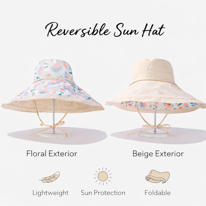 Women's Reversible Wide Brim Sun Hat - Beige - UPF 50+ Women's Reversible Wide Brim Sun Hat Beige UPF 50+