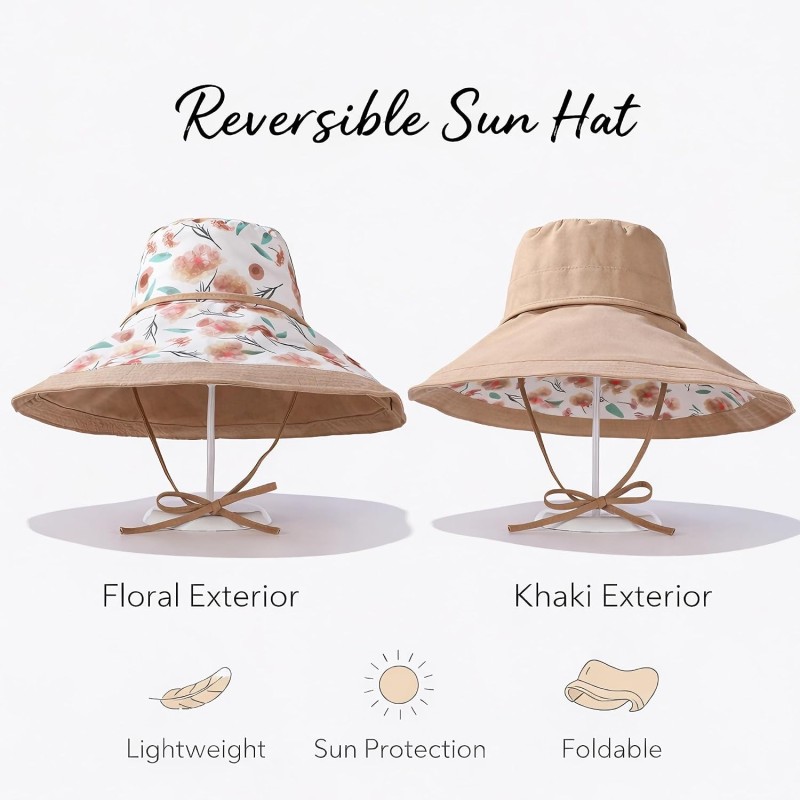 Khaki reversible wide brim sun hat for garden and beach Women's UPF 50+ reversible wide brim sun hat in khaki