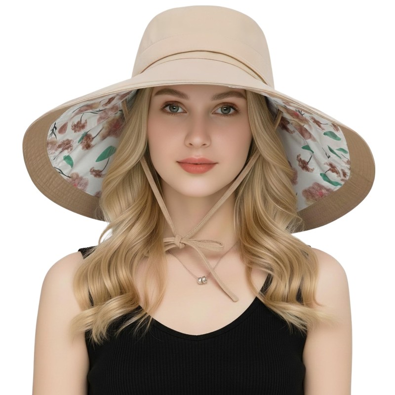 Khaki reversible wide brim sun hat for garden and beach Women's UPF 50+ reversible wide brim sun hat in khaki