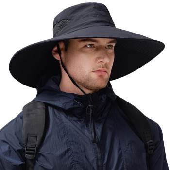 Wide Brim Sun Hat Men Women UV Protection Packable Breathable Outdoor Hiking Fishing Adjustable One Size Black