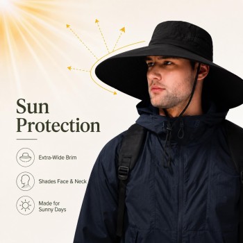 Wide Brim Sun Hat Men Women UV Protection Packable Breathable Outdoor Hiking Fishing Adjustable One Size Black