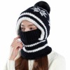 Women's Winter One-Piece Knitted Fleece Lined Balaclava Hooded Beanie With Pompom Cold Weather Neck Warmer