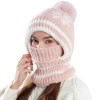 Women’s Pink Winter Knitted Balaclava Fleece Lined Pompom Windproof One Piece Hooded Neck Warmer