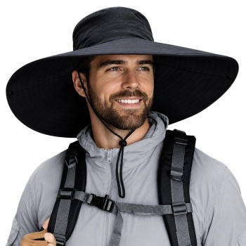 UPF50+ Wide Brim Sun Hat Men Women Adjustable Drawstring Packable Breathable Outdoor Hiking Fishing Safari Bucket Hat Black