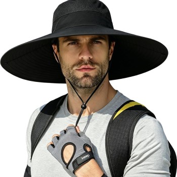 UPF50+ Wide Brim Sun Hat Men Women Adjustable Drawstring Packable Breathable Outdoor Hiking Fishing Safari Bucket Hat Black