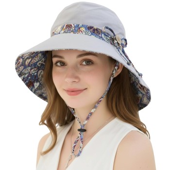 Women's Reversible Wide Brim Sun Hat UPF50+ Bohemian Outdoor Beach Hiking Bucket Hat One Size
