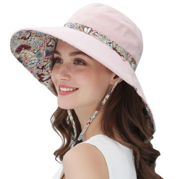 Women's Reversible Wide Brim Sun Hat UPF50+ UV Protection Bohemian Bucket Hat One Size Beach Hiking