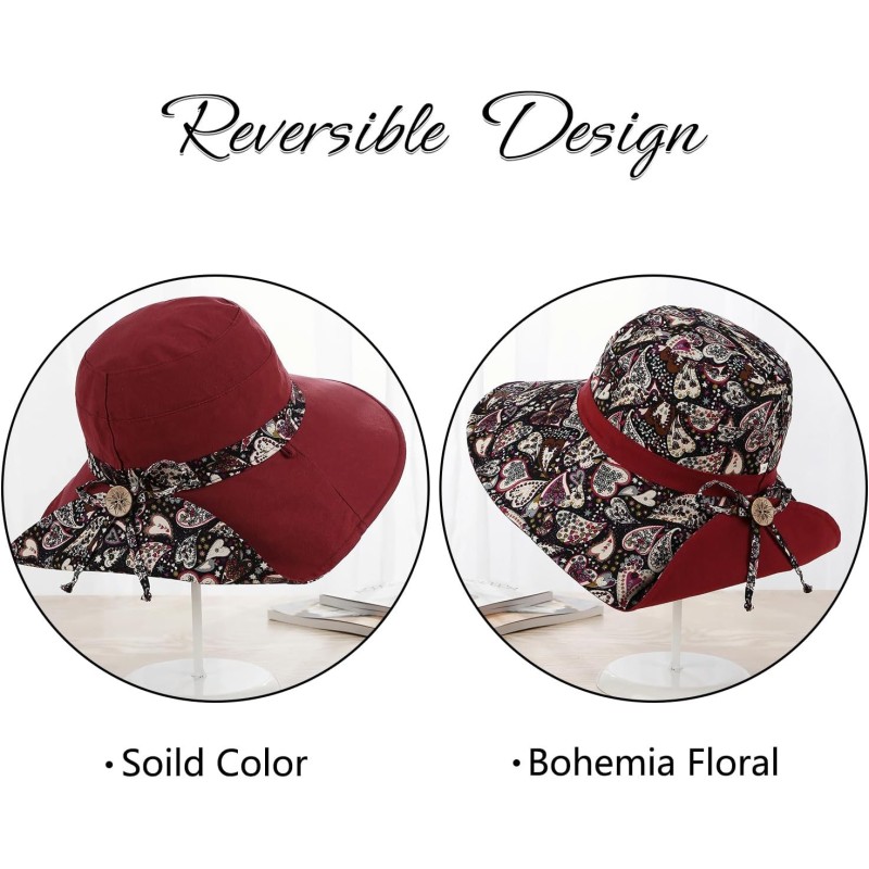 Reversible Bohemian Wide Brim Sun Hat UPF50+ UV Protection Women's reversible bohemian wide brim sun hat with UPF50+ UV protection for outdoor activities