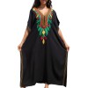 Women’s Plus Size Bohemian Maxi Caftan Dress Black Colorful Embroidery Swimsuit Cover Up Beach Loungewear