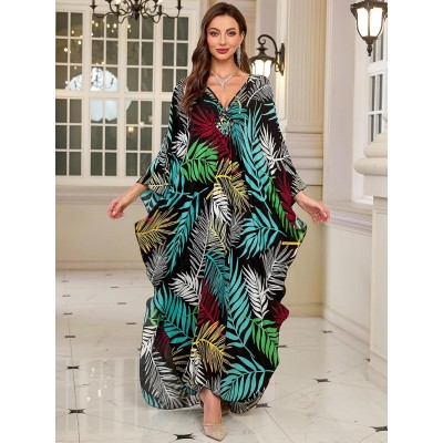 Women's Boho Plus Size Maxi Caftan Swimsuit Cover Up Black Leaves Beach Women's plus size boho maxi caftan swimsuit cover up with black colorful leaves beach design
