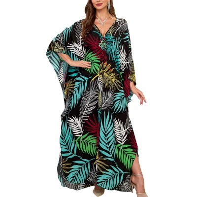 Women's Boho Plus Size Maxi Caftan Swimsuit Cover Up Black Leaves Beach Women's plus size boho maxi caftan swimsuit cover up with black colorful leaves beach design