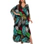 Women's Boho Maxi Caftan Dress Plus Size Swimsuit Cover Up Black Colorful Leaves Beach Kaftan