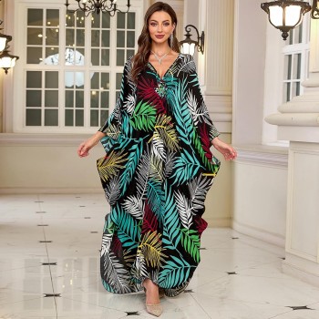 Women's Boho Maxi Caftan Dress Plus Size Swimsuit Cover Up Black Colorful Leaves Beach Kaftan