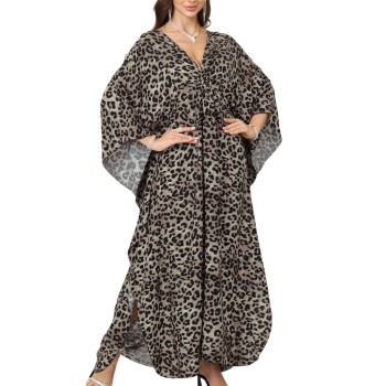 Women's Plus Size Bohemian Gray Leopard Caftan Maxi Dress Swimsuit Cover Up Beachwear Loungewear